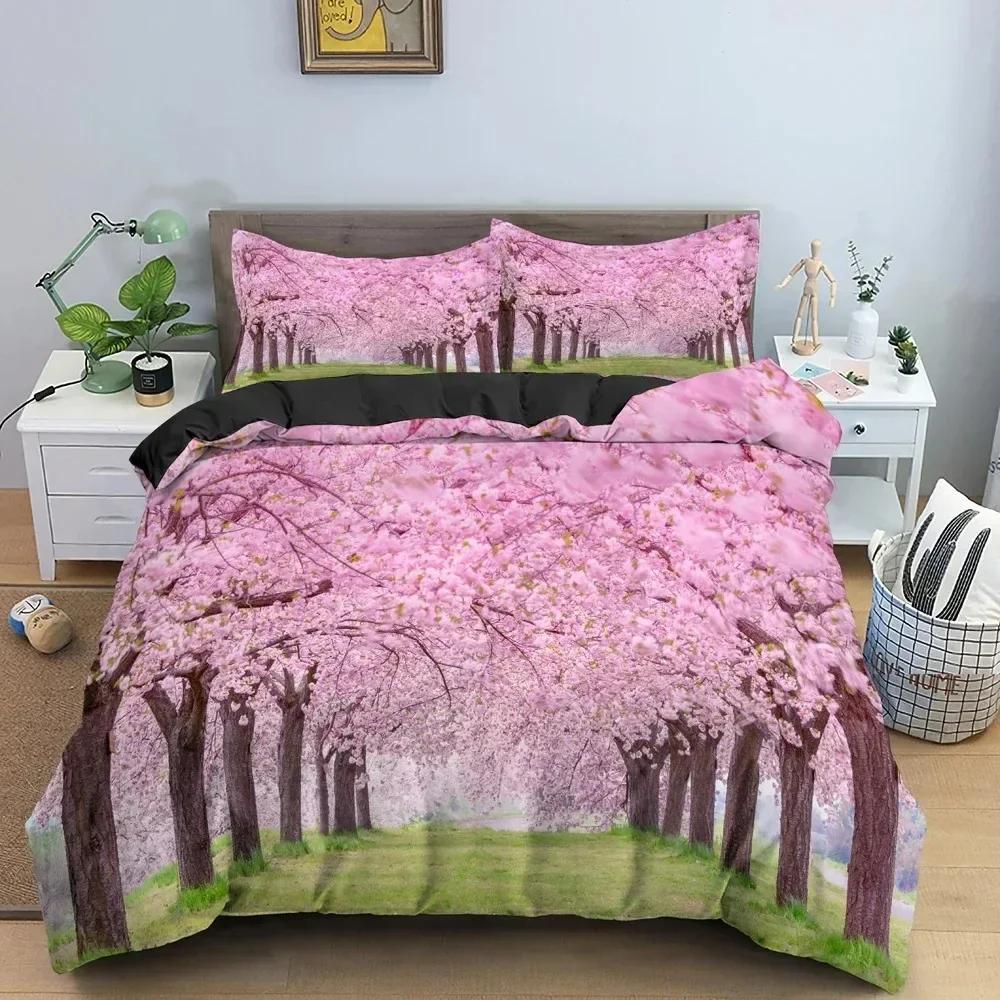 New Beautiful Cherry Blossoms Pattern Bedding Set Bedroom Flowers Scenery Duvet Cover Set Pillowcase King Double Twin Bedclothes