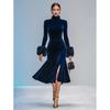 Elegant Velvet Bodycon Dress High Neck Long Sleeve Feather Detail Cocktail Party Wear