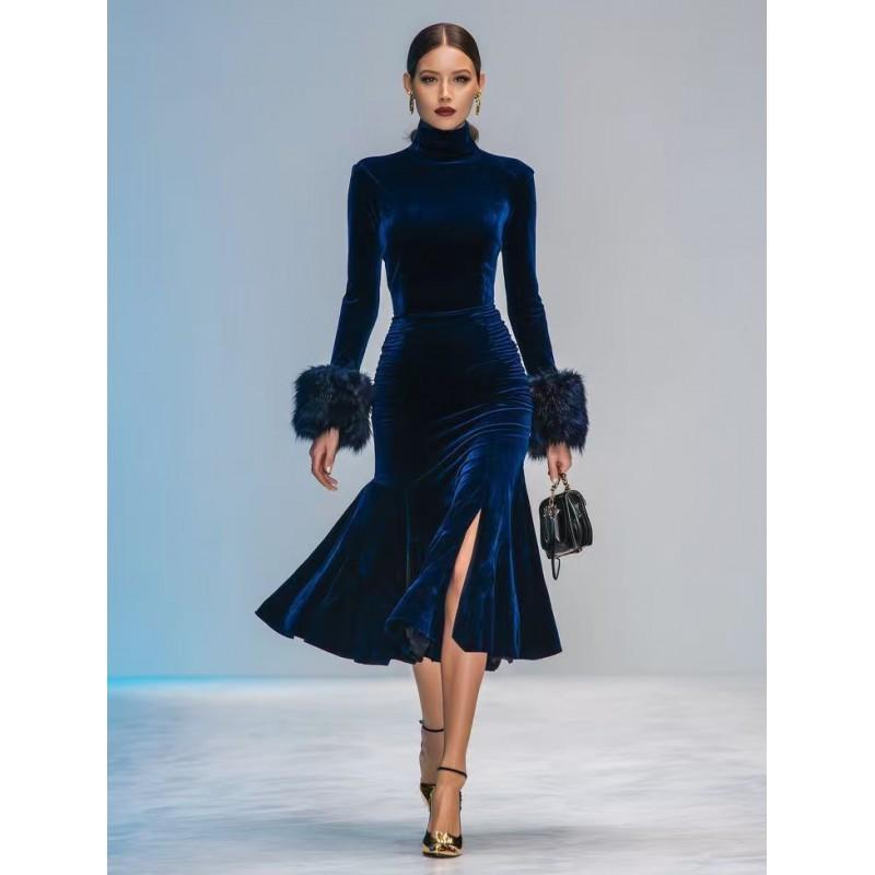 Elegant Velvet Bodycon Dress High Neck Long Sleeve Feather Detail Cocktail Party Wear