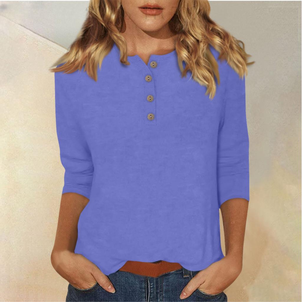 Women's Long Sleeve Round Neck Button Detail Blouse Solid Color Casual Top