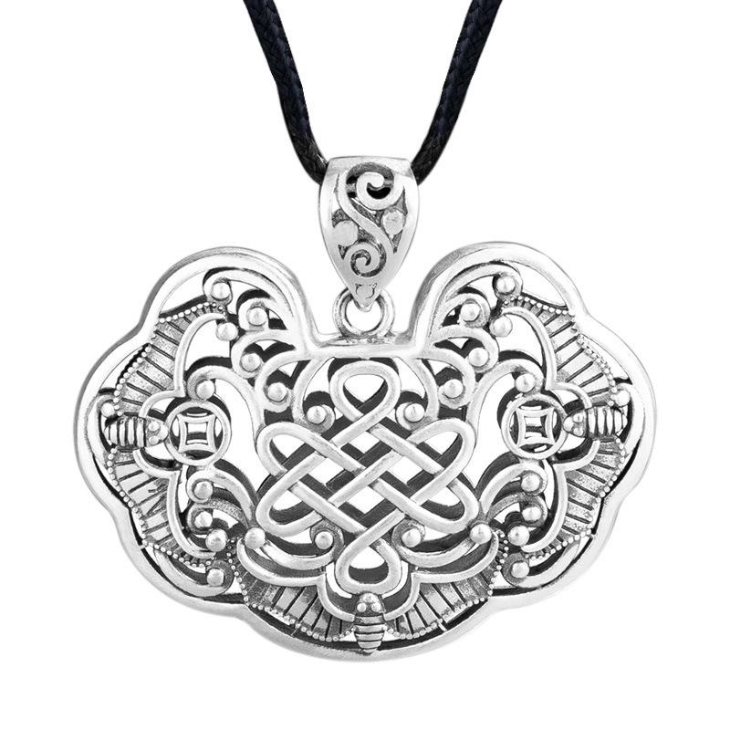 Sterling Silver Bat & Longevity Lock Pendant Necklace for Men & Women - Retro Sweater Chain Full Moon Gift