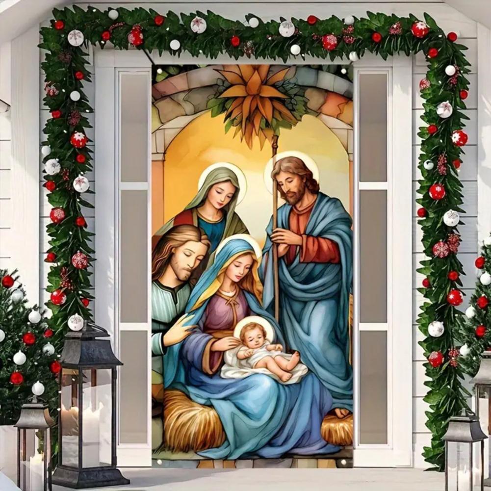 Christmas Decoration Fabric Door Banner Christmas Door Cover Set Nativity Scene Banner Decorations for Holy Night Xmas Door Sign