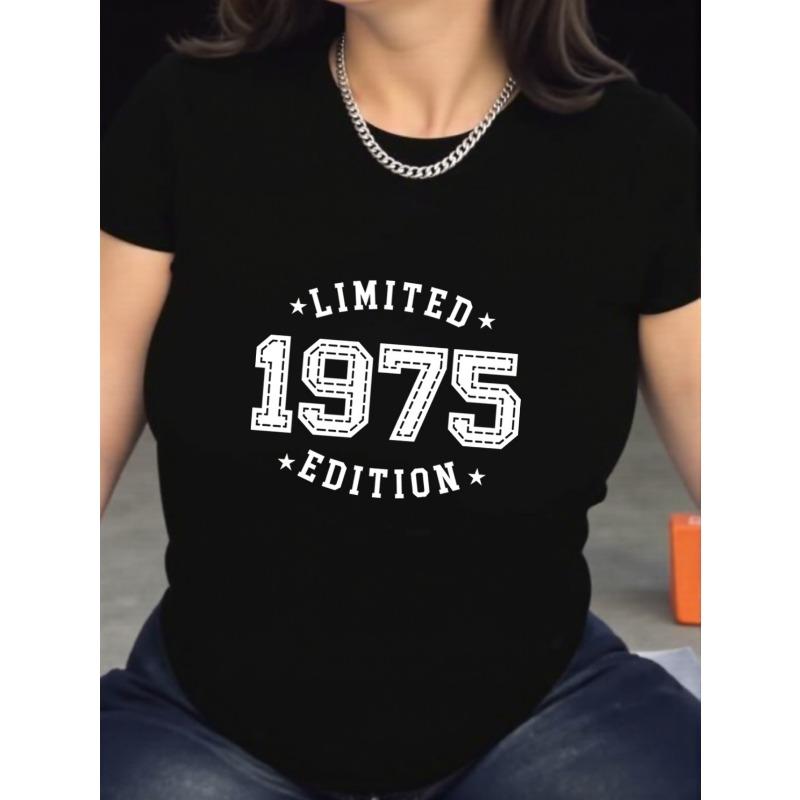 

European sizes Women S Short-Sleeve Round-Neck T-Shirt Featuring a Casual Sports Print with The Letters 1975 , Designed for Wear 4XL