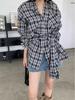 Women's Retro Plaid Long Sleeve Shirt with Tie Waist and Lapel