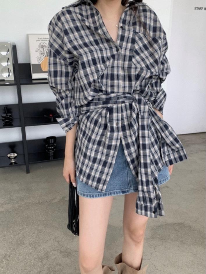 Women's Retro Plaid Long Sleeve Shirt with Tie Waist and Lapel