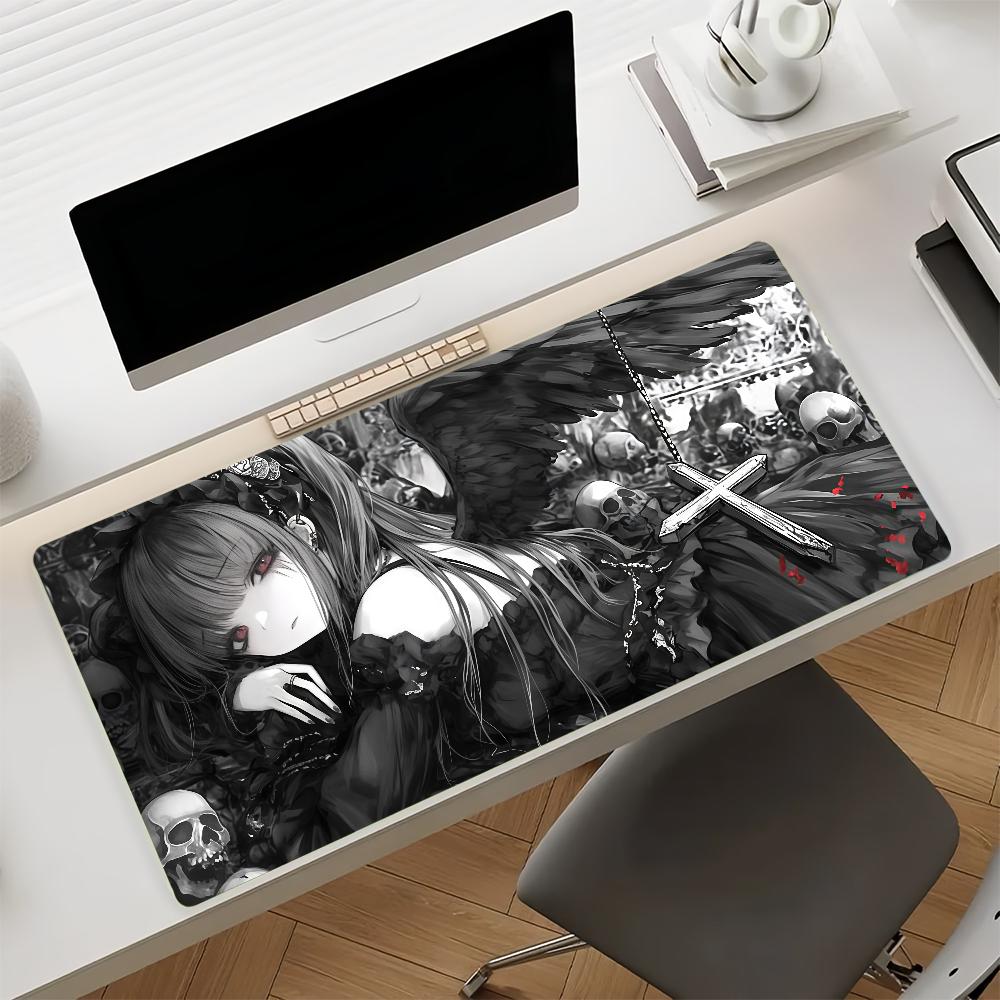 Large Gaming Mouse Pad Antislip Base Stitched Edges Gothic Black Angel Anime Girl Print Keyboard Pad for Gamer Home Office