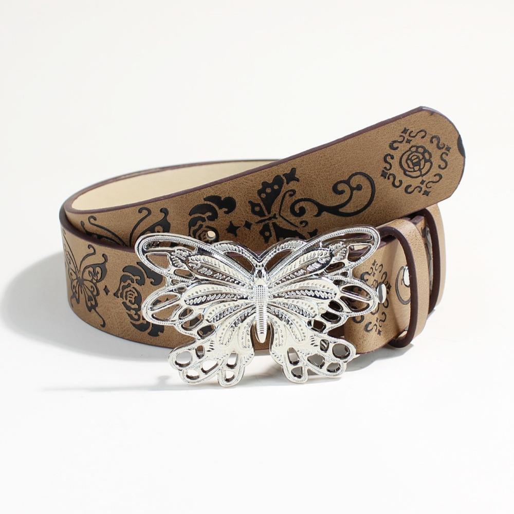 

Brown Women S Butterfly Buckle, Snap Buckle Belt, Retro Butterfly Embossing Pattern, Wearing Accessories Temperament 105Cm long