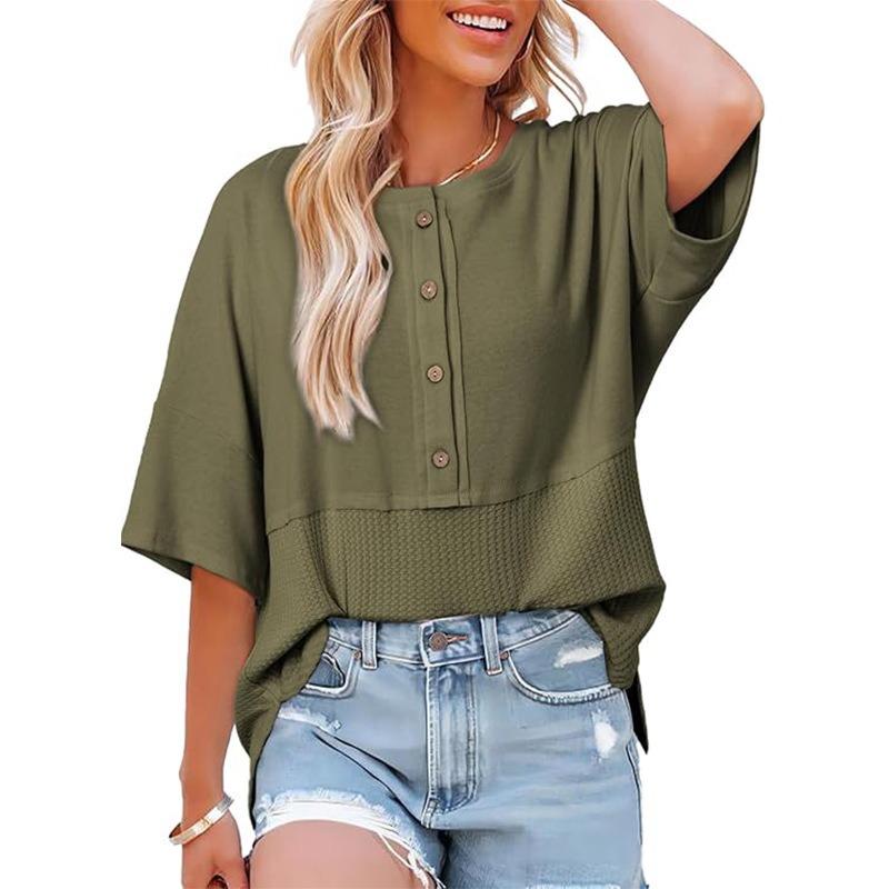 Summer New Women's Fashion Three-quarter Sleeve Casual Round Neck Buttoned Splicing Loose T-shirt