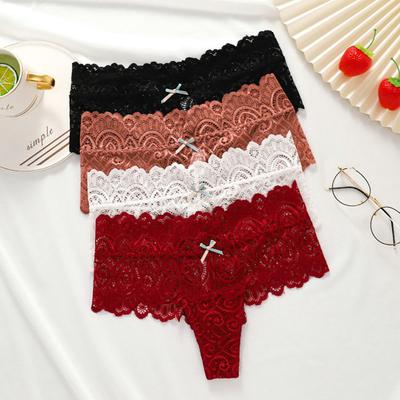 Women Panties Mid Rise See-through Bow-knot Decor Elastic Breathable Inside Wearing Solid Color Sexy Lace Ladies G-string Briefs for Daily Wear