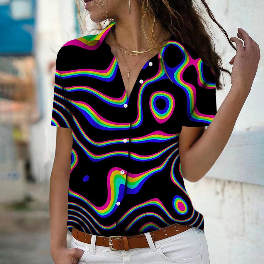 

2023 летняя новая модная женская цветная рубашка с короткими рукавами и v-образным вырезом с принтом, повседневная рубашка на пуговицах, топ