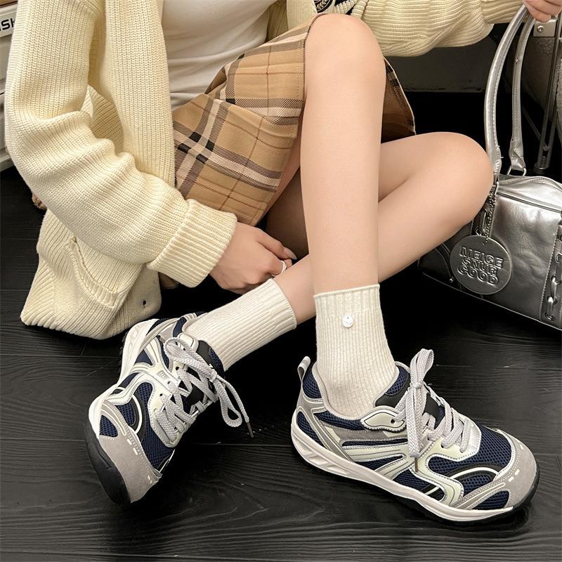 Leather Mesh Platform German Training Shoes Women's 2025 Autumn New Round Head Ugly Cute Inner Height-increasing Mountaineering Sports and Leisure Sh