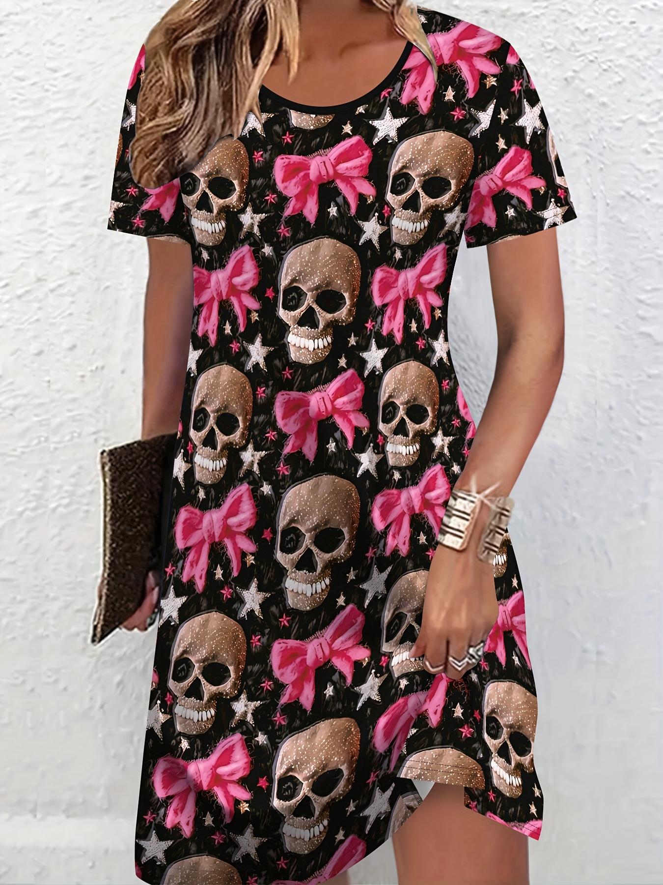 

Women s Halloween Party Dress Gothic Skull Black Pink Costume Outfit Day of the Dead Everyday Gothic Y2k Clothes Woman Clothing 6XL