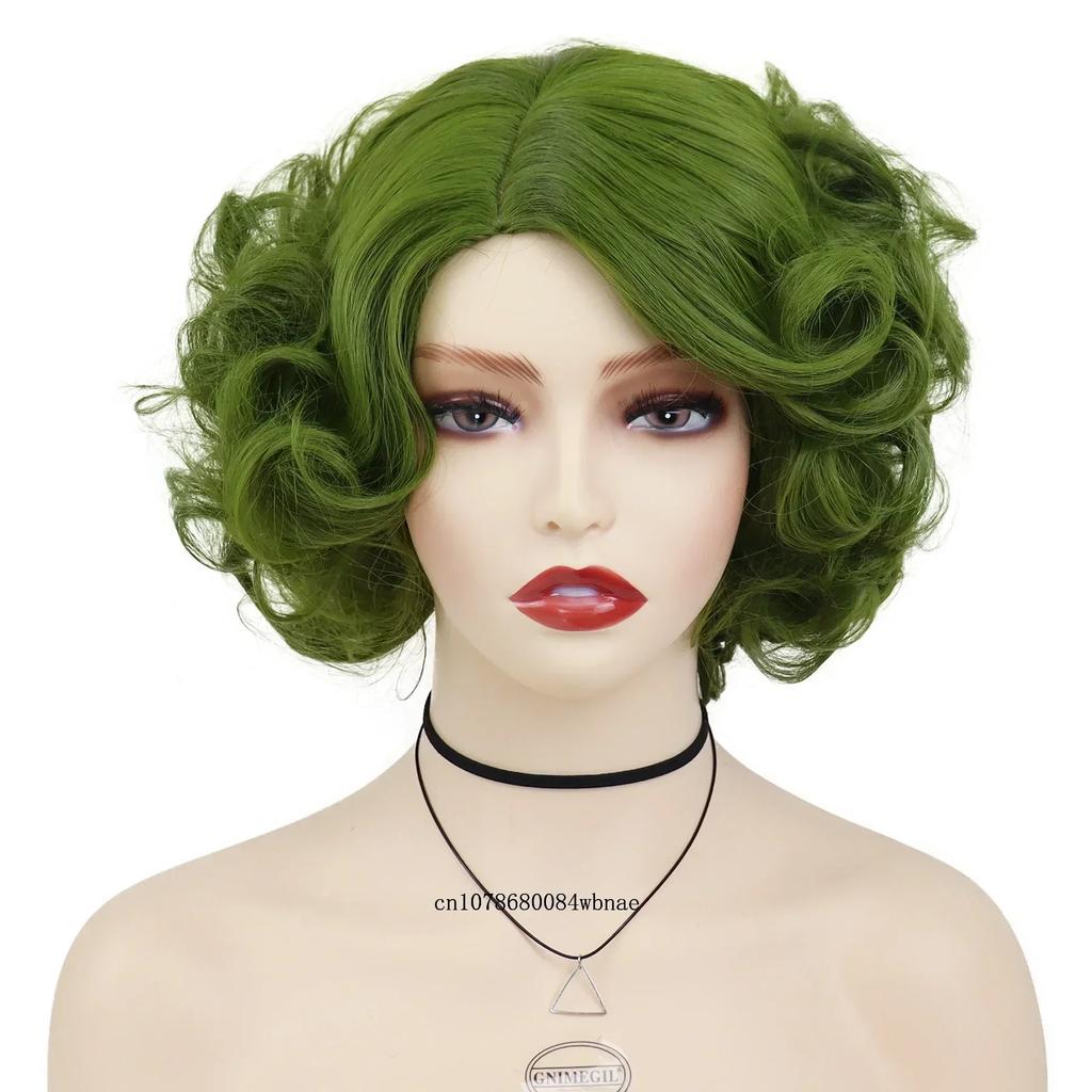 Olivgrüne Perücke für Frauen Synthetische Kurze Große Lockige Perücken Cosplay Halloween Kostümparty Flauschiger Stil Hochtemperaturfaser