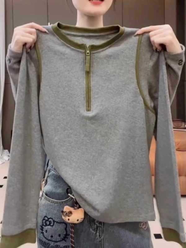 Women's Korean Style Color Block Half-Zip Long-Sleeve T-Shirt - Autumn/Winter New Design with Round Neck