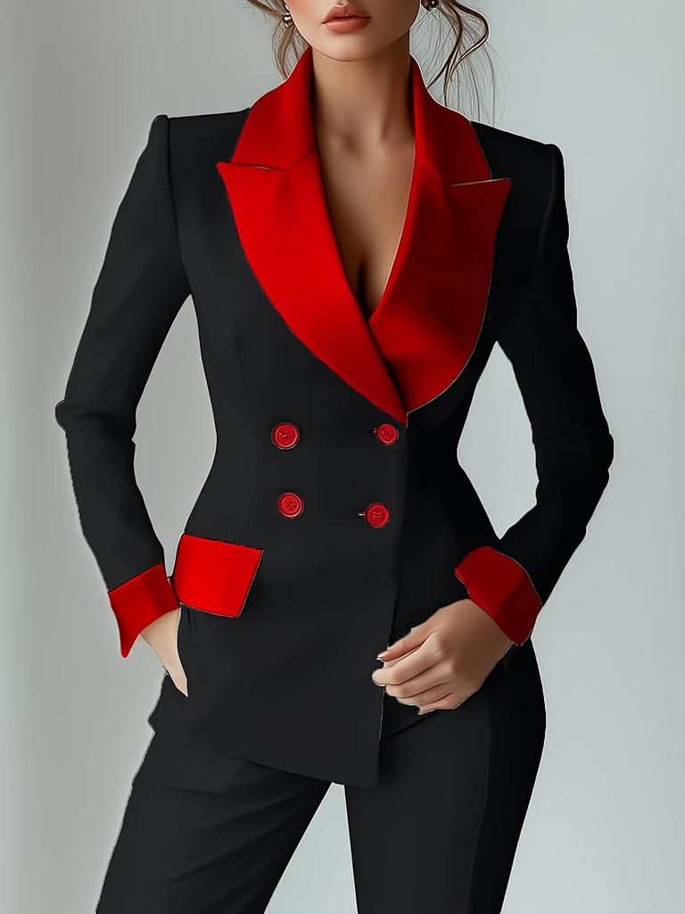 Damen Weißes Blazer-Set mit rotem Kontrastbesatz und Revers mit Kerbe