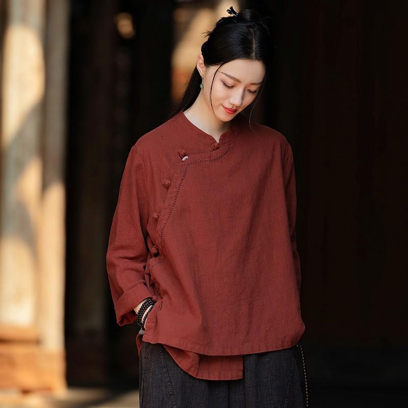 Johnature Women Vintage Shirts Tops Stand Long Sleeve Solid Color Blouses Autumn Button Shirts