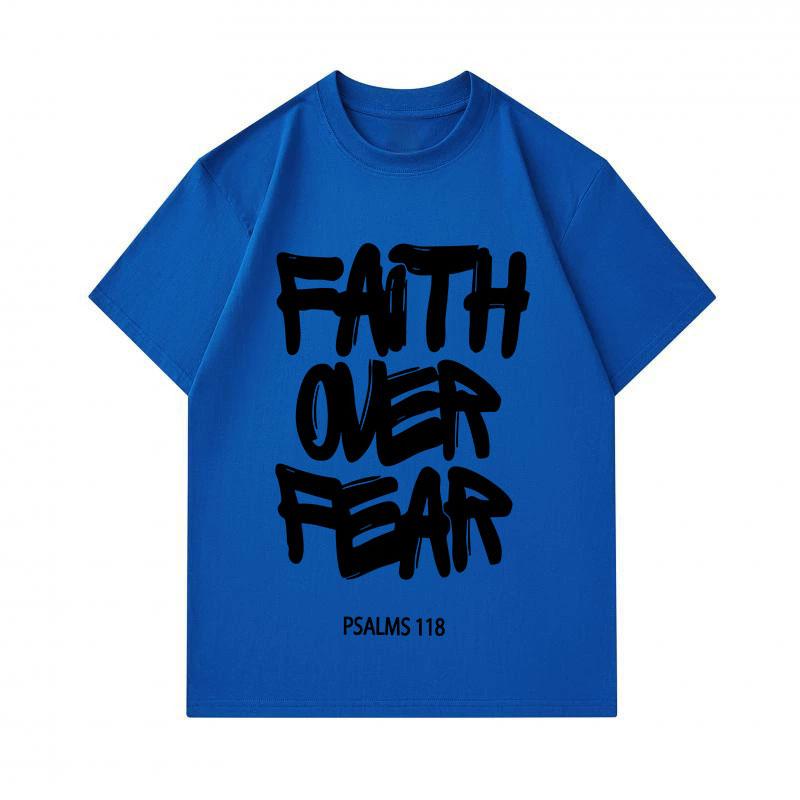 Men 100% Cotton Crew Neck Short Sleeve T-Shirt, Faith Over Fear Psalms 118 Print Casual Comfortable Tee, Religious Inspirational Graphic Loose Fit Sum