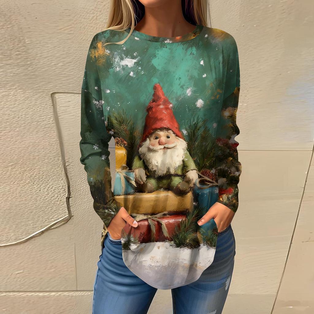Tee Shirts For Women Casual Round Neck Long Sleeve Shirts Christmas Printing Top Pullover