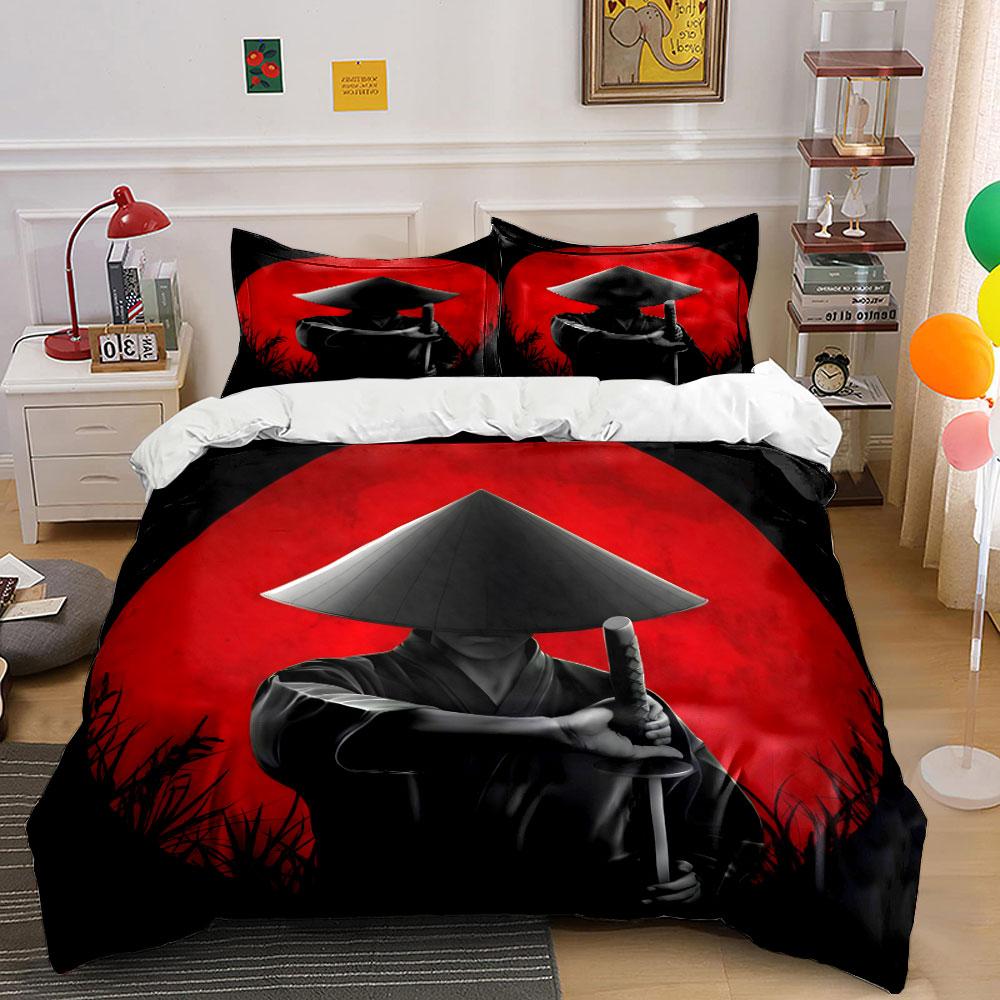 Samurai Warrior Red Sun Bedding Duvet Cover Set (1*Duvet Cover 2*Pillowcases, without duvet insert)
