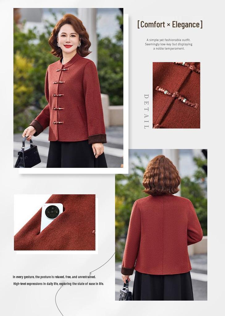 Stylish Chinese Retro Woolen Coat for Middle-Aged and Elderly Women (40-60) - Spring/Autumn National Style