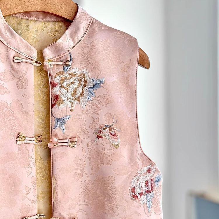 Spring and Autumn retro style buckle outer wear vest pink vest year embroidery improved women
