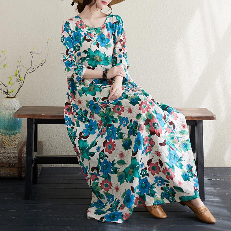 DIMANAF 2024 Rochie de primăvară mărime Plus pentru femei, rochie boemă ocazională cu imprimeu floral, rochie lejeră pentru plajă, decolteu O, verde, femeie