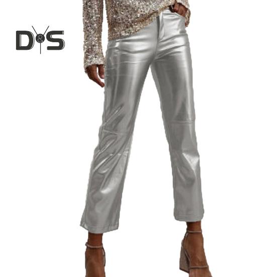 

Женские брюки Slim Fit с глянцевой гладкой поверхностью из искусственной кожи с карманами на молнии и пуговицах со средней талией Мягкие дышащие клубные вечерние женские девятые брюки M серебряный