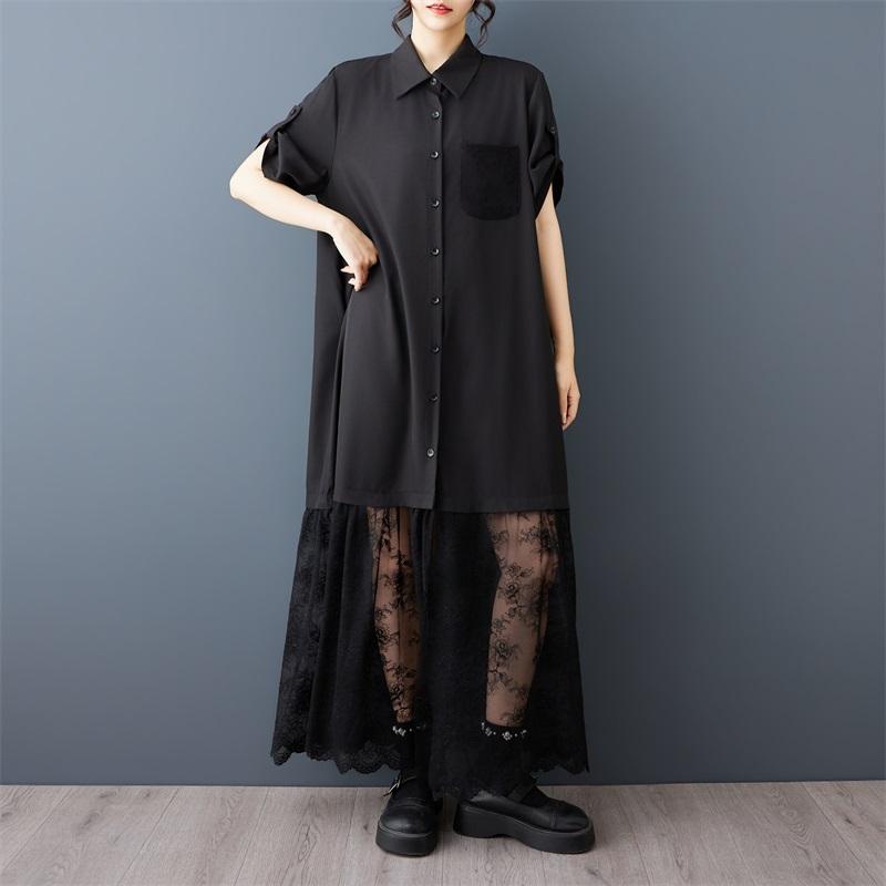 Kurzarm Übergröße Baumwolle Spitze Vintage Schwarz Neu in Kleider für Damen Freizeit Locker Lang Sommer Hemdbluse