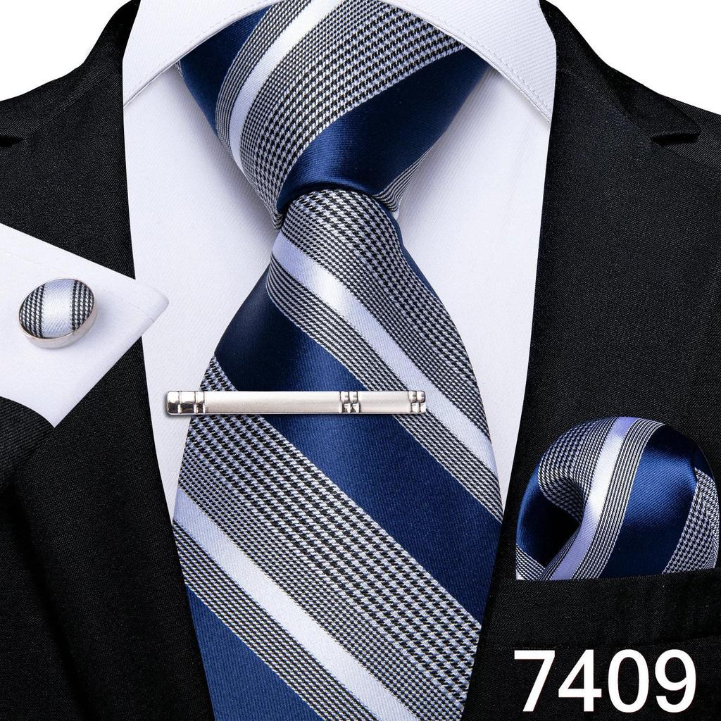 Novelty Feather Tie Gold Navy Silk Necktie Hanky Cufflinks Tie Clip Set for Men Business Party