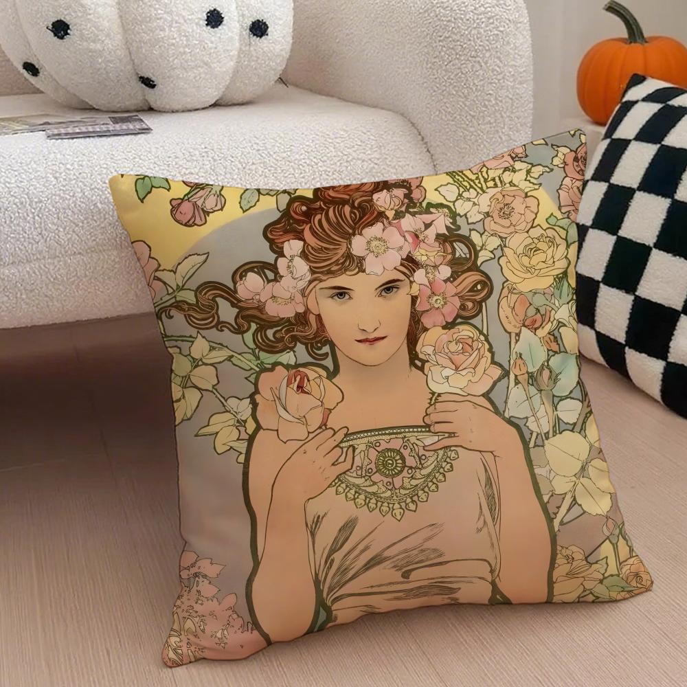A-Alphonse Maria M-Mucha Cushion Cover Linen Pillow Case Soft Breathable Protective Couch Room Decoration