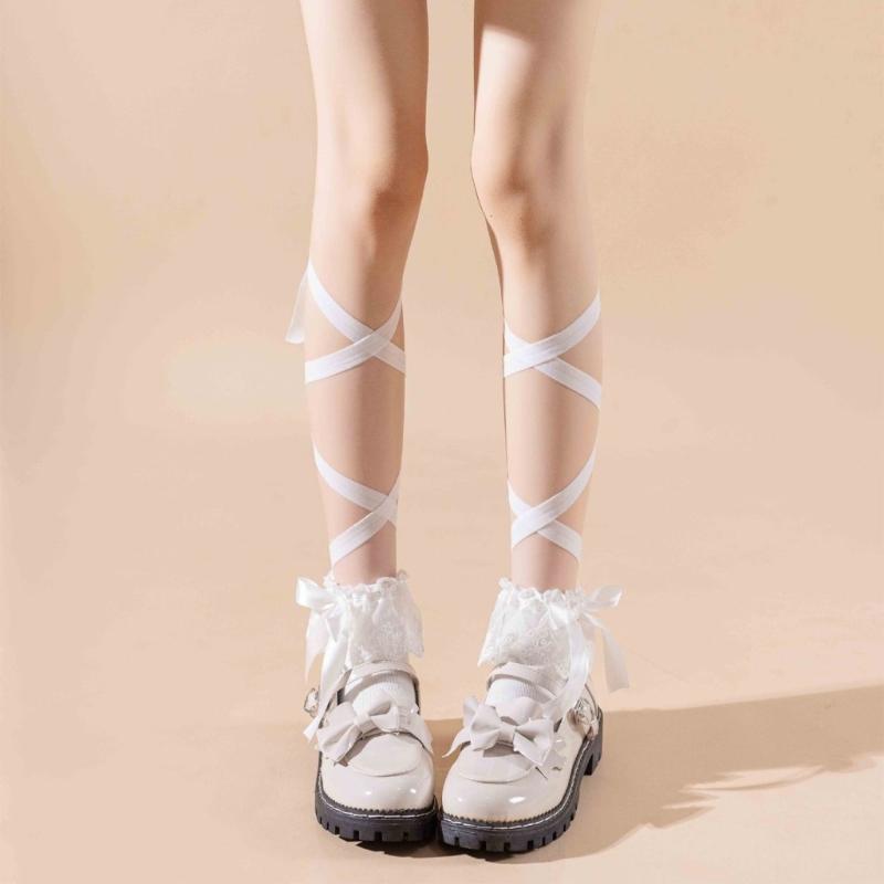 Women Japanese Ballet JK Sweet Ruffle Lace Cotton Crew Socks Elegant Ribbon Tie Bandage Solid Color Ankle Socks Hosiery
