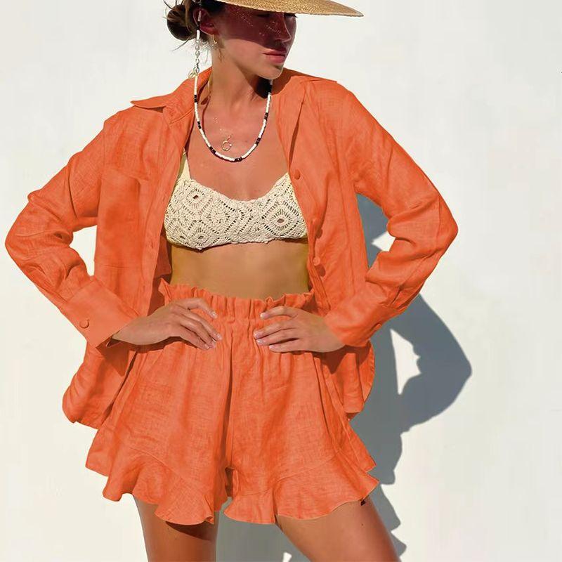

Fashion Wind Loose Long Sleeve Shirt Ruffles Shorts Suit Long Sleeve Shirt Shorts Set Orange color L