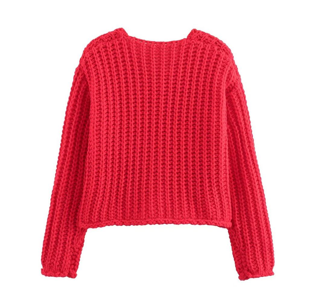 Women's Solid Color Single Breasted Double Pocket Cropped Chunky Knit Cardigan Jacket Sweater