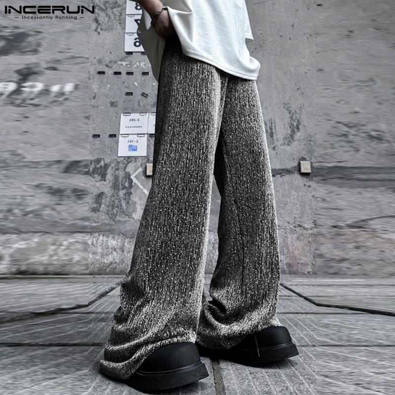 INCERUN Men Elastic Waist Long Shinny Trousers Casual Striped Texture Wide Leg Pants