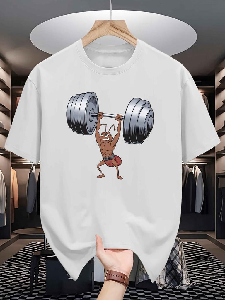 Unisexs Summer 100 Cotton Fashion Creative Weightlifting Pattern Printed Casual Sports Loose Round Neck Short Sleeve Tshirt