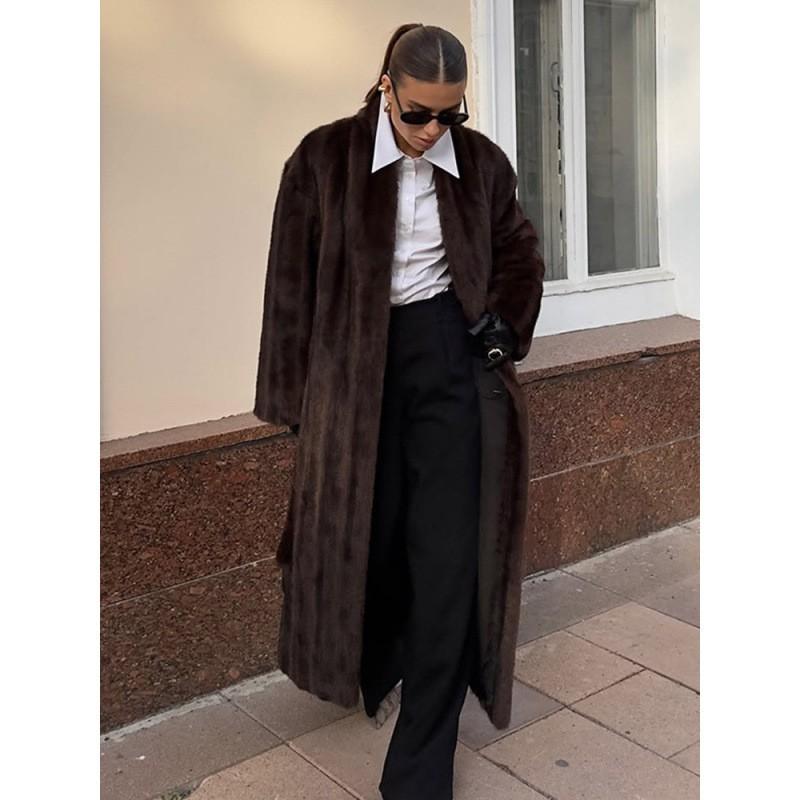 Womens Long Faux Fur Coat With Belt Round Neck 2025 Winter Brown S-M-L