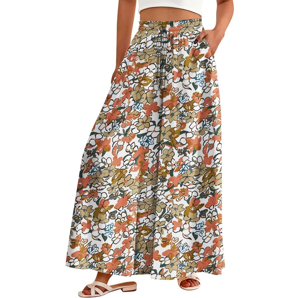 Women's Palazzo Pants Boho Floral Wide Leg Trousers Summer Beach High Waisted Flowy Pants With Pockets