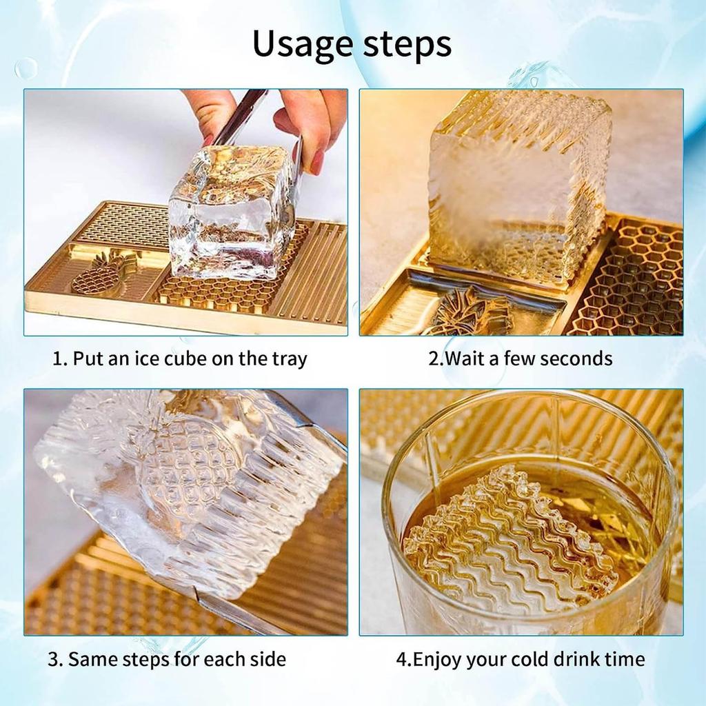 Ice Designer Tray, Craft Modern Ice Mold Cube Stamping Plate with 4 Patterns, Brass Ice Designer Ice Cube Mold Ice Stamp for Cocktails and Whiskey