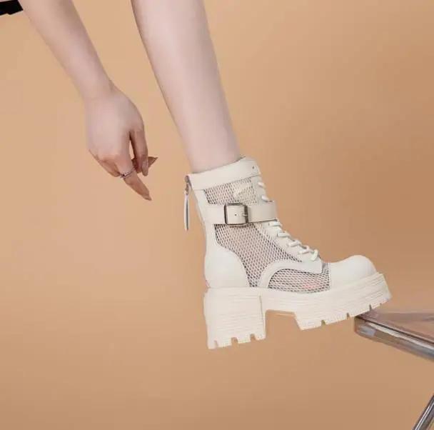 Fashion 9CM Air Mesh Patent Leather Boots Chimney Hollow Ankle Booties Women Moccasins Summer Motorcycle Sandals Fashion Shoes Sandals
