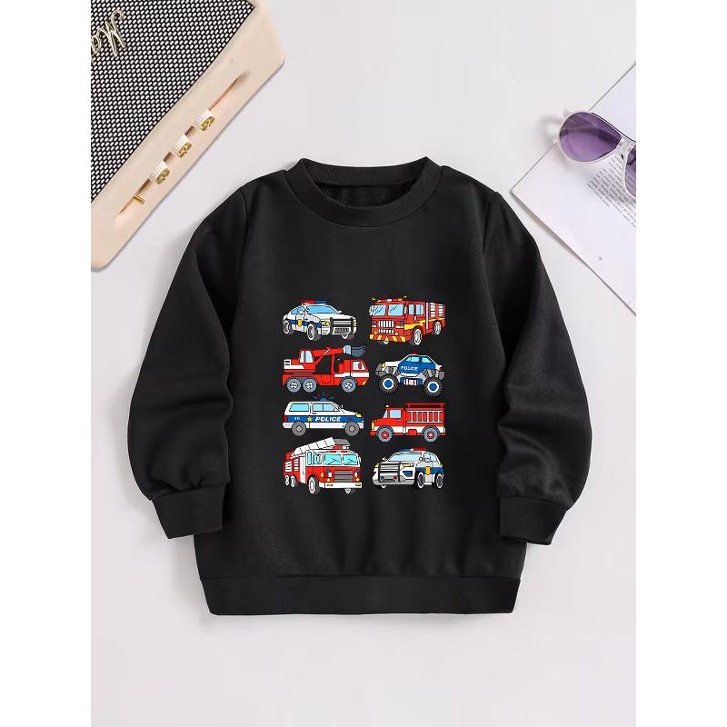 European Sizes Kids' Casual Long-Sleeve Crewneck Sweatshirt - Car and Fire Truck Series Pattern Print, Comfortable Style Running and Daily Wear