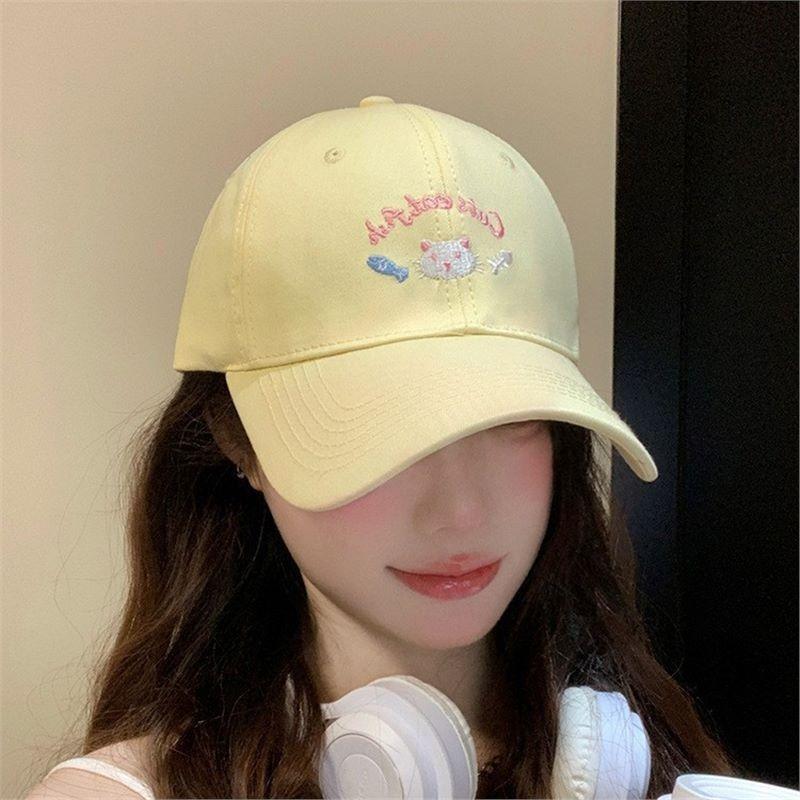 Cute kitten embroidered baseball cap women's spring summer big head circumference wide brim showing face small peaked cap versatile hat