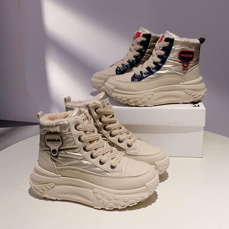 Wysokie, duże bawełniane buty dla kobiet na zimę, nowe, na grubej podeszwie, podwyższające, sportowe buty typu dad, ocieplane i pogrubione śniegowce dla kobiet