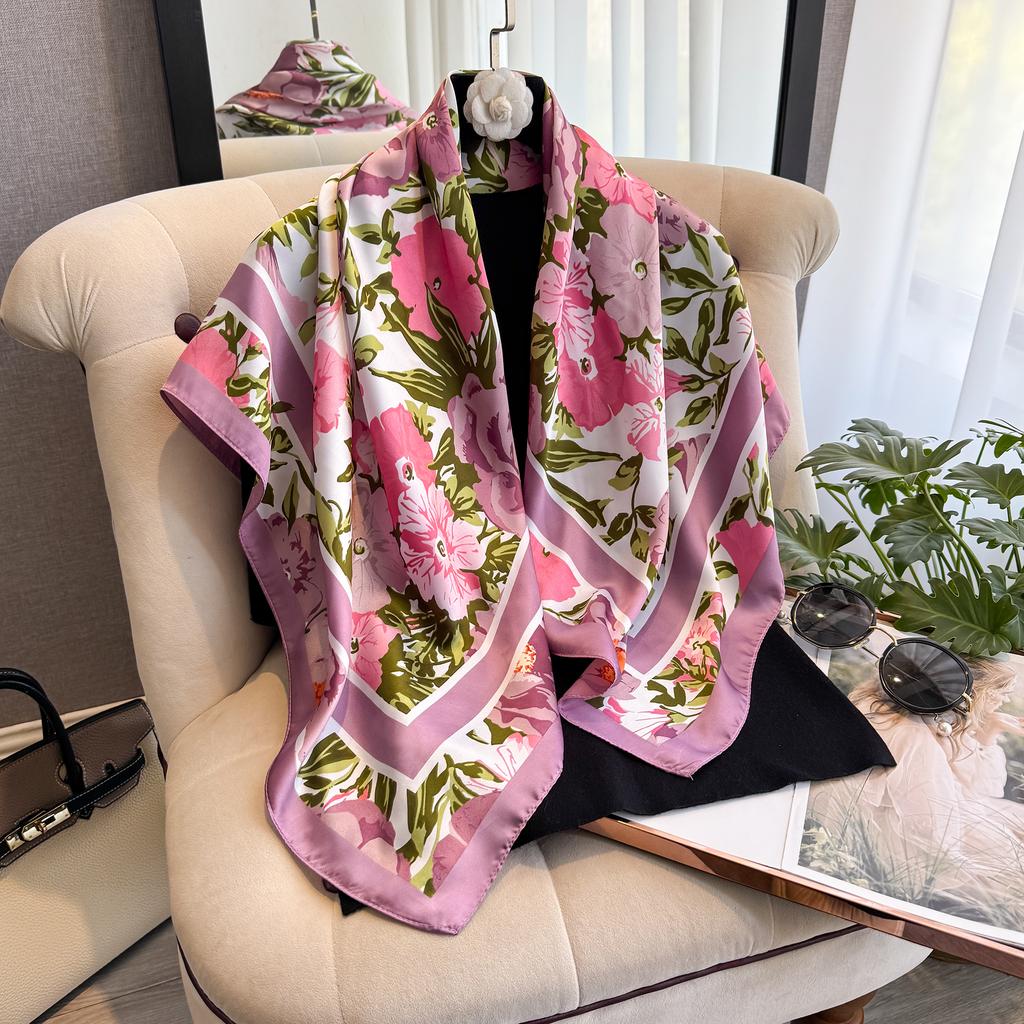 Spring And Summer Fashion Luxury Printing 90*90Cm Women Scarf Satin Square Shawl Elegant Headscarf Beach Sun Protection Bandana