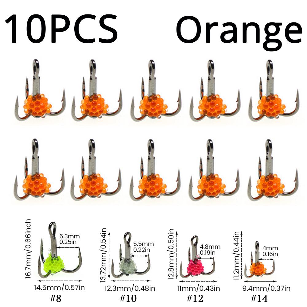 ICERIO 10PCS Lifelike Egg Bead Treble Hooks Glow Ice Fishing High Carbon Steel Sharp Barbed Fishing Hooks for Trout & Salmon