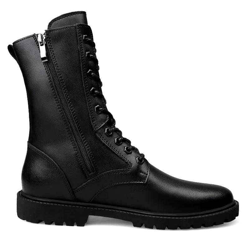 Fashion New Men Leather Shoes Genuine Winter Long Men Boots Casual Punk Motorcycle Boots Side Zipper Black Solid Boots