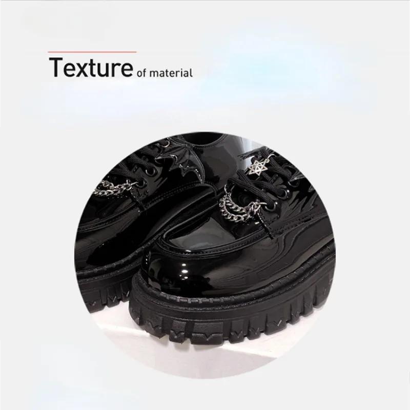 Módní kovový řetízek Lolita boty pro ženy Křídla Lakované kožené boty Vysokoškolský styl Dámské gotické boty Šněrovací Dámské kožené lodičky