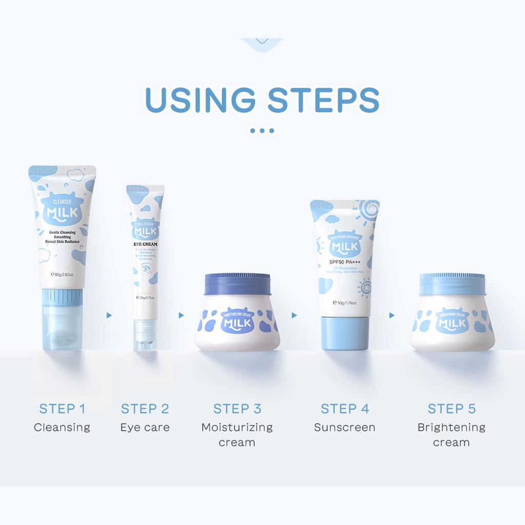 Set de îngrijire facială cu lapte din cinci piese pentru femei fete uz zilnic hidratare de lungă durată hrănitor hidratant kit de îngrijire a pielii formulă delicată non grasă