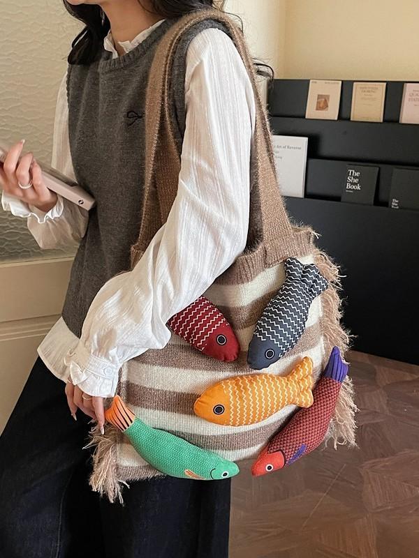 Cotton Knitted Tote Bag For Women With Large Capacity And Casual Travel Style