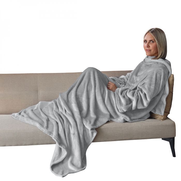 Couverture polaire plaid intégral avec manches et poche - Adulte 210 x 140 cm - Gris - Vivezen