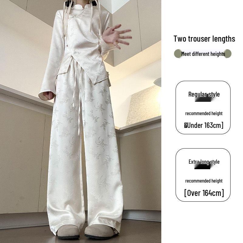 New Chinese Style Women's Jacquard Satin Wide Leg Pants - Spring Collection
